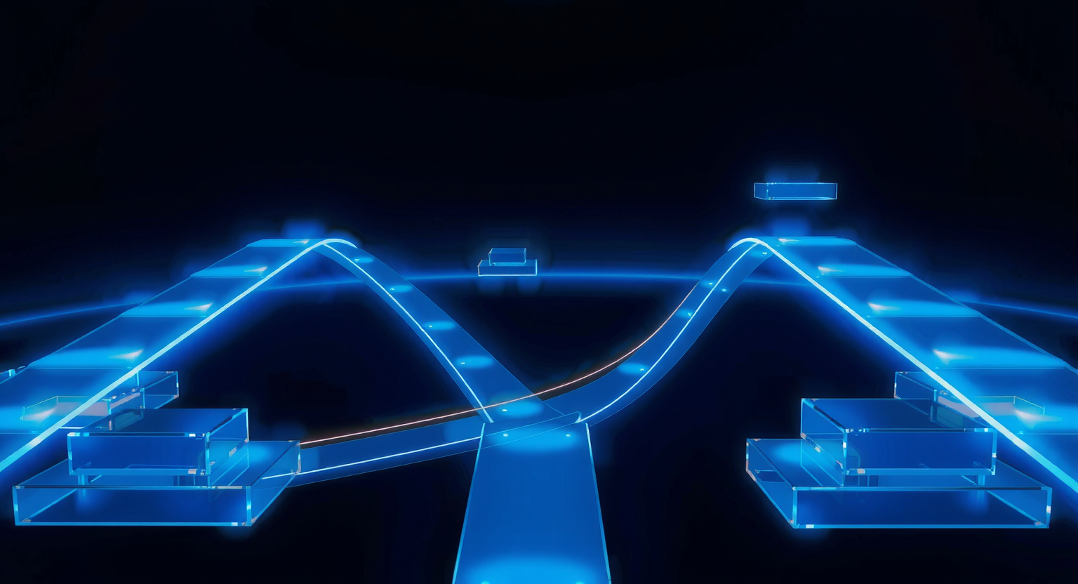 Glowing blue career pathways rising through deep space