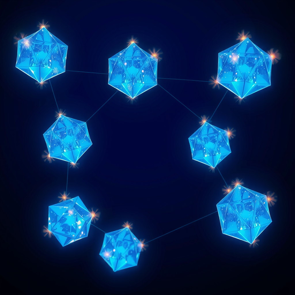 Eight glowing crystals connected on a navy backdrop